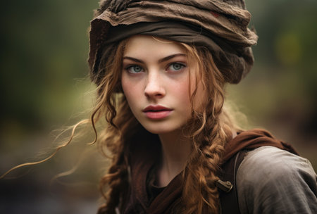 a woman with long hair and a scarf on her headの素材