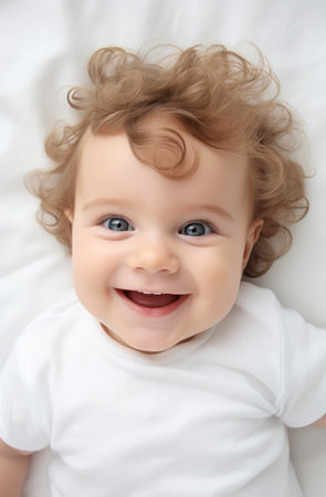 a baby lying on a white sheetの素材
