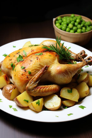 a chicken and potatoes on a plateの素材