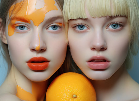 two women with oranges and orangesの素材