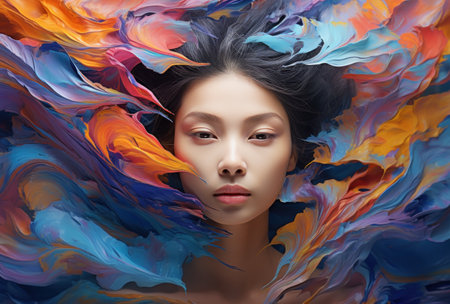 a woman with colorful feathersの素材