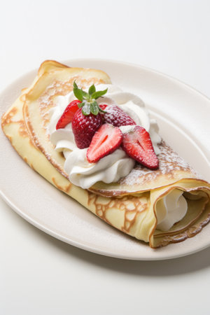 a crepe with strawberries and whipped cream on a plateの素材
