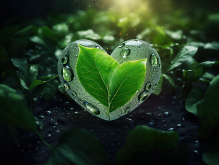 a heart shaped water droplets with leaves insideの素材