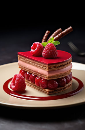 a piece of cake with raspberries on topの素材