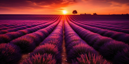 a field of lavender with a sunsetの素材