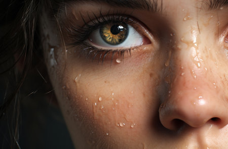 close up of a person's eye with water droplets on their faceの素材
