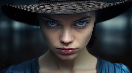 a woman with blue eyes wearing a hatの素材