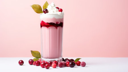 a glass of pink milkshake with whipped cream and cranberriesの素材