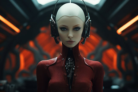 a woman wearing a red outfit and headphonesの素材