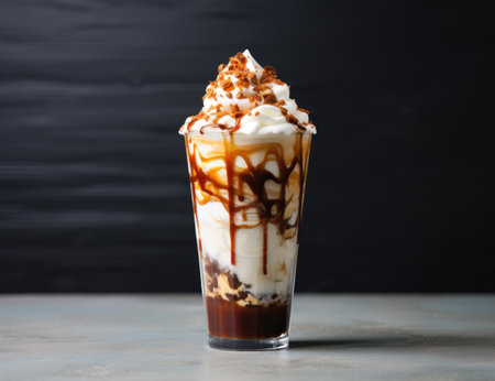 a glass of ice cream with whipped cream and chocolate syrupの素材