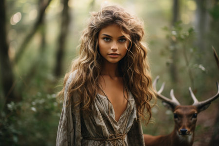 a woman with long hair and a deer in the woodsの素材