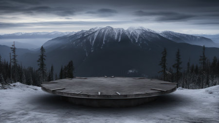 a round concrete platform with trees and mountains in the backgroundの素材