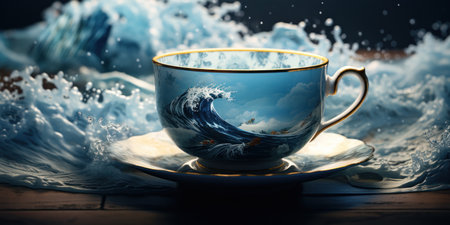 a tea cup and saucer with a wave on itの素材
