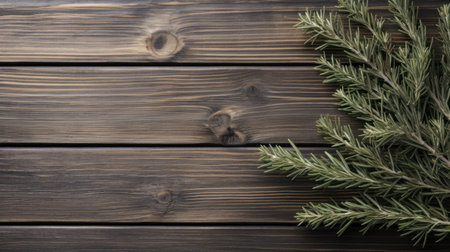 a pine tree branch on a wooden surfaceの素材