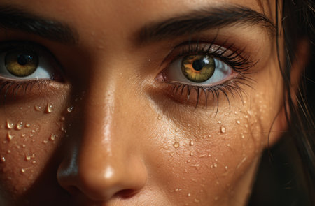 close up of a woman's face with water drops on her eyesの素材