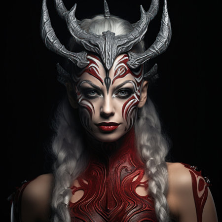 a woman with red and silver body paint and horns on her bodyの素材