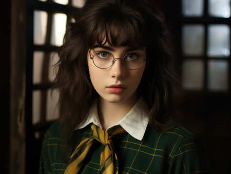 a woman wearing glasses and a green shirtの素材