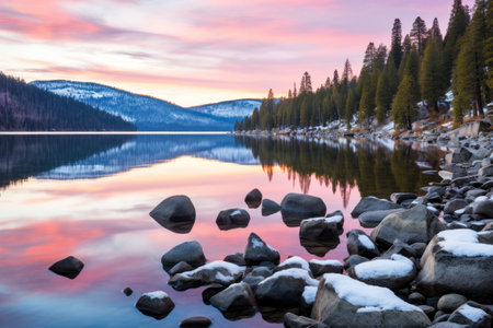 a lake with snow covered rocks and treesの素材