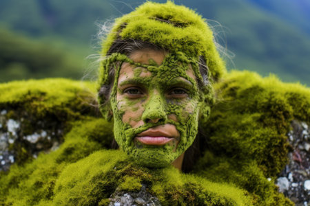 a woman with green moss on her faceの素材