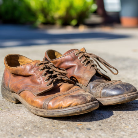 a pair of brown shoes on a concrete surfaceの素材