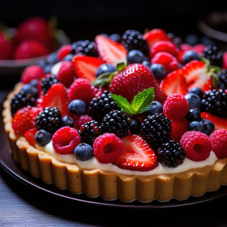 a fruit tart with cream and berriesの素材