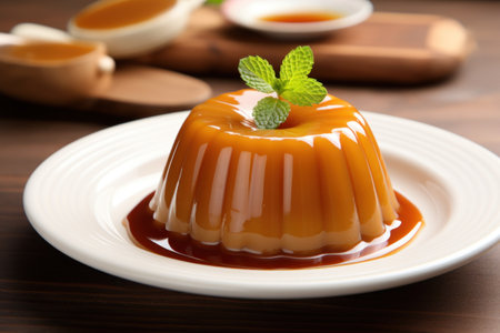 a plate of food with a leaf of mint on topの素材