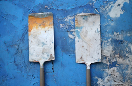two metal spatulas on a blue surfaceの素材