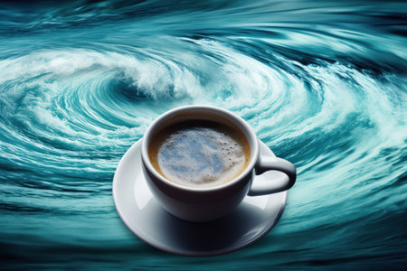 a cup of coffee on a saucer with a swirl of waterの素材
