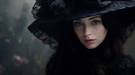 a woman wearing a black hat with flowersの素材