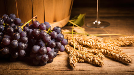 a bunch of grapes next to wheat earsの素材