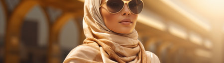 a woman wearing sunglasses and a scarfの素材