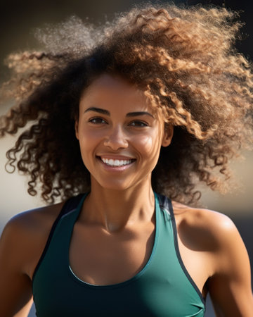 a woman with curly hair smilingの素材