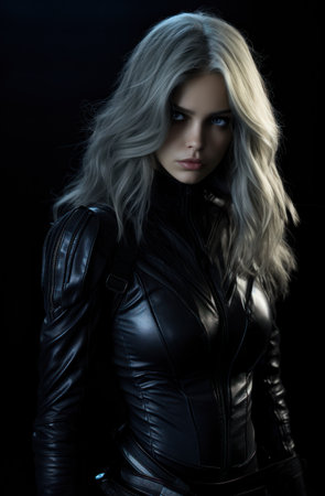 a woman in a black leather outfitの素材
