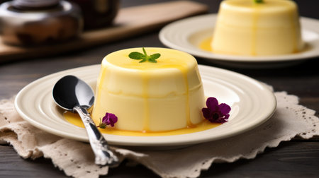 a plate of dessert with a spoon and flowersの素材