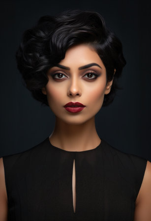 a woman with dark hair and red lipstickの素材