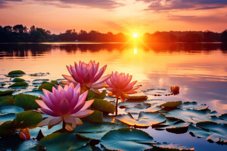 a group of pink flowers in water with a sunset in the backgroundの素材