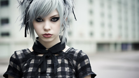 a woman with grey hair and black eye makeupの素材
