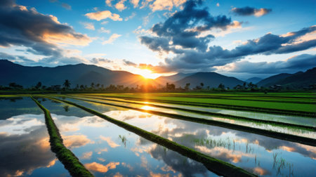 a field with water and mountains in the backgroundの素材