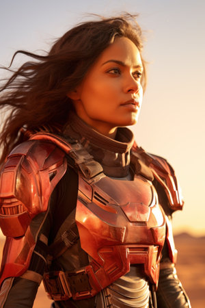 a woman in a red armorの素材