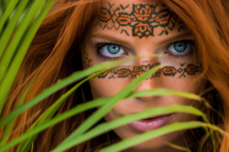 a woman with blue eyes and red hair with a pattern on her faceの素材