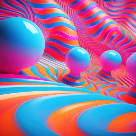 a colorful swirly waves with spheresの素材