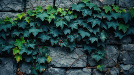 a close up of leaves on a stone wallの素材