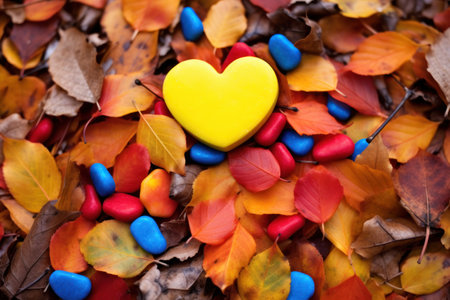 a yellow heart on a pile of colorful leavesの素材