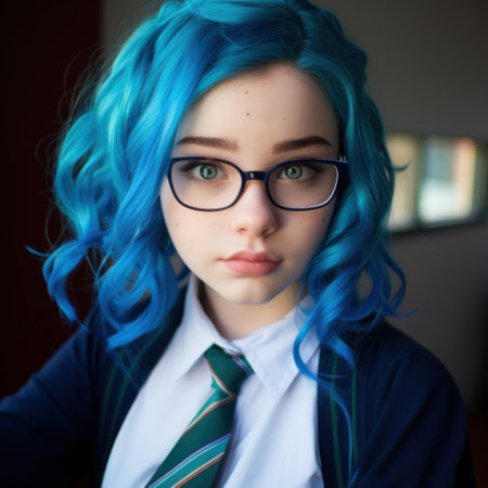a girl with blue hair and glassesの素材