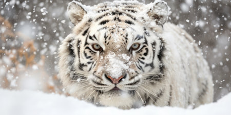 a white tiger with snow on its faceの素材