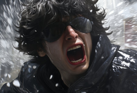 a man wearing sunglasses and screamingの素材