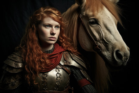 a woman in armor with a horseの素材