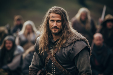 a man with long hair and a beard wearing a leather vestの素材