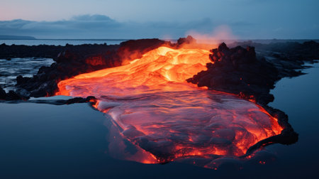 a lava flowing into the waterの素材