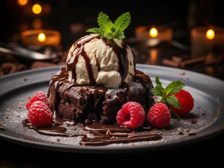 a dessert with ice cream and raspberries on a plateの素材